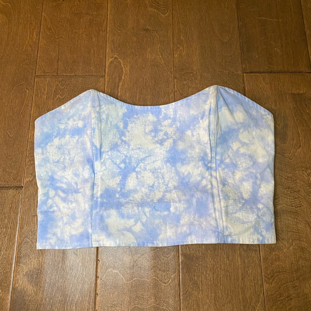 Blue and white strapless top, size L